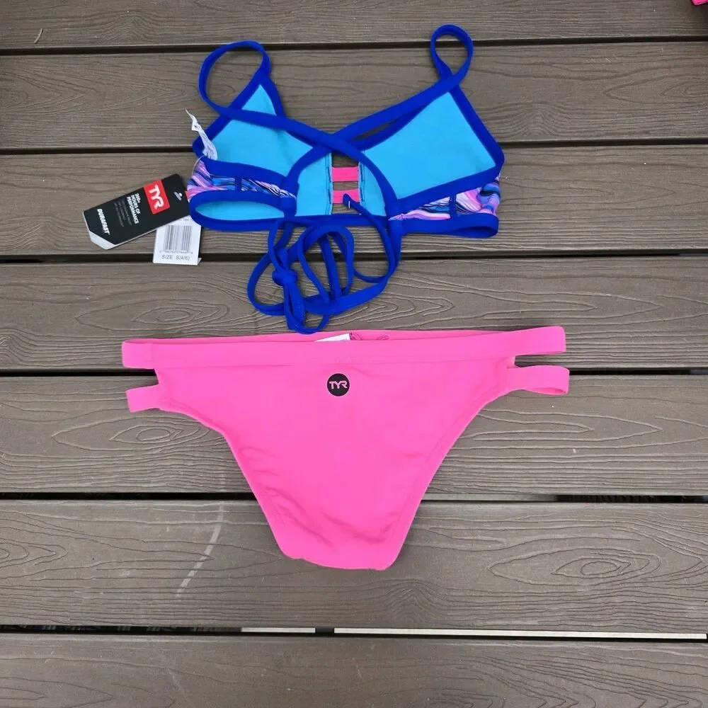 TYR Women's Pink/purple Adrift Tieback Top & Cove Bikini Bottom S New No Tag